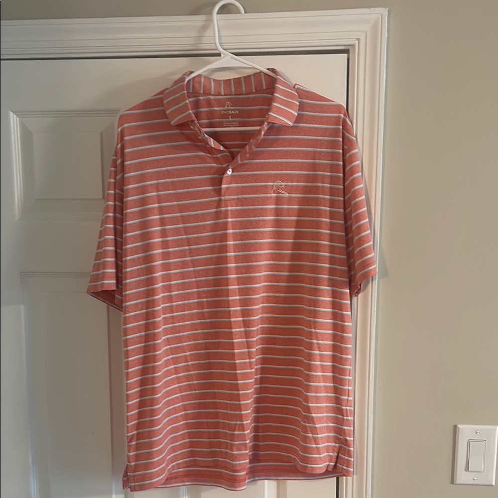 Men’s Rhoback Salmon and Sky Blue Striped Golf Shirt